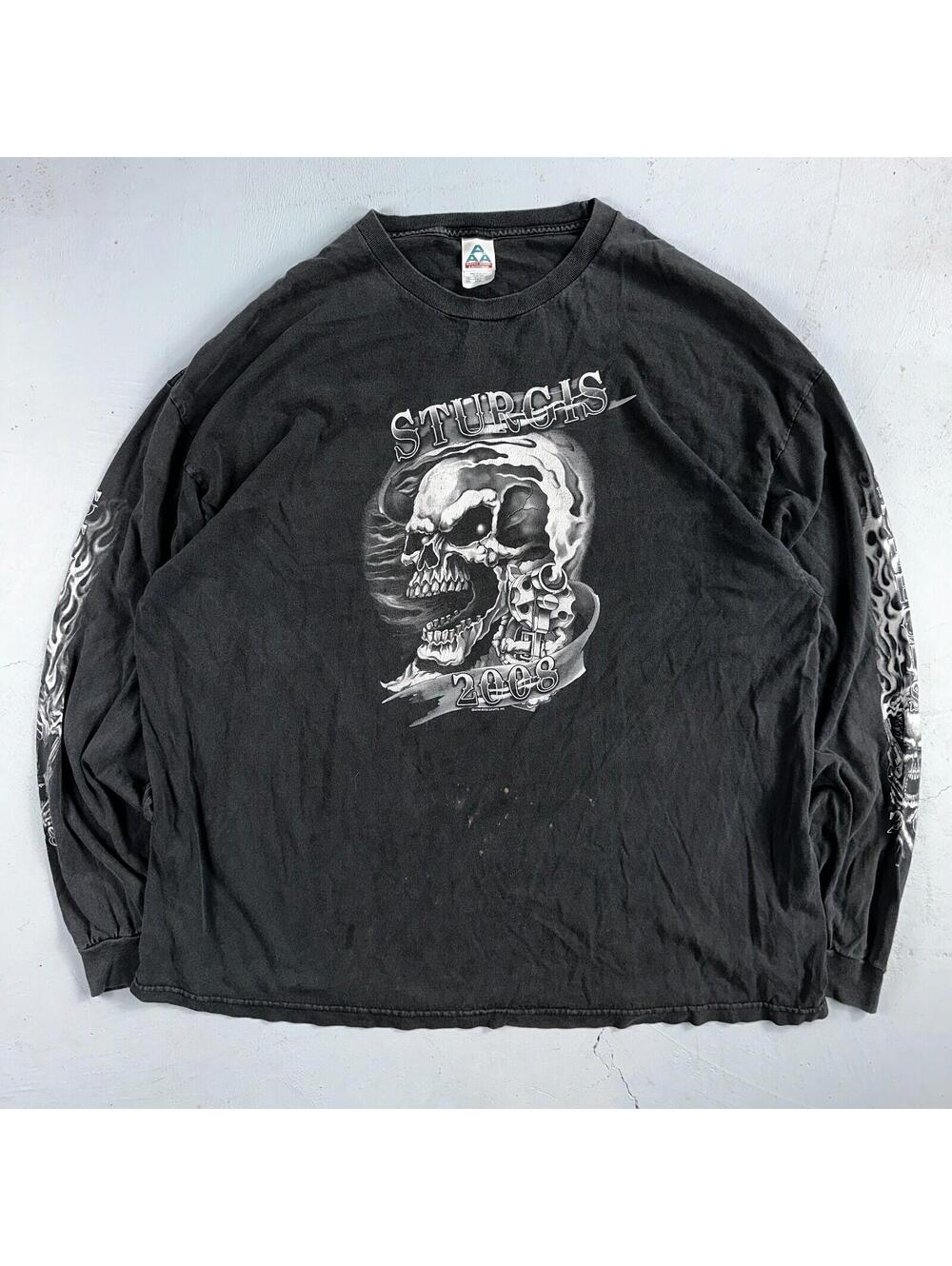 Sturgis Y2K Skulls Long Sleeve VTG T Shirt Biker Motorcycle 2008 Black Grunge - Picture 1 of 12